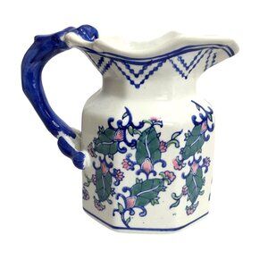 Vintage Chinese Ceramic Pitcher With Floral Design & Blue Handle